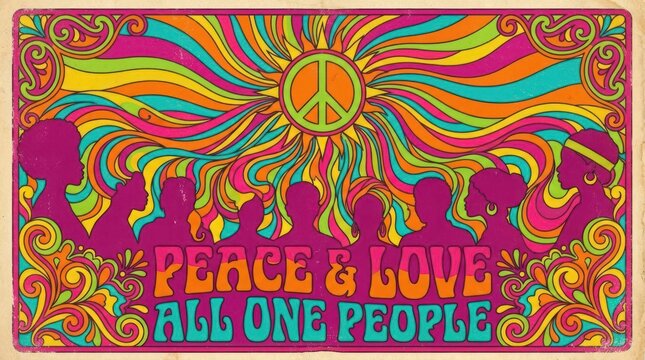 Colorful psychedelic poster with peace sign and silhouettes.
