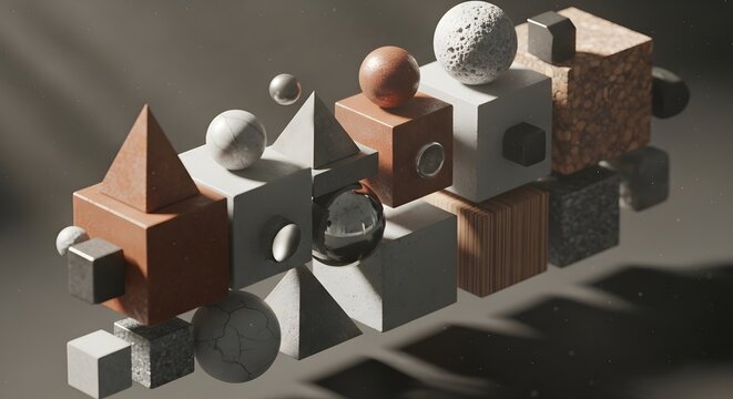 Abstract 3D composition of floating geometric shapes with stone wood and marble textures in soft natural light