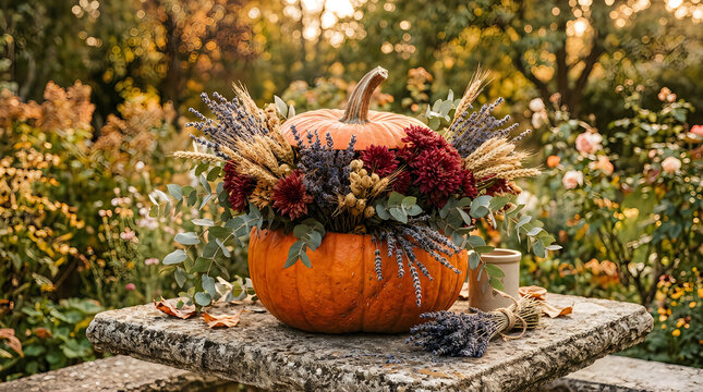 Autumn pumpkin centerpiece decorated with dried flowers in a garden