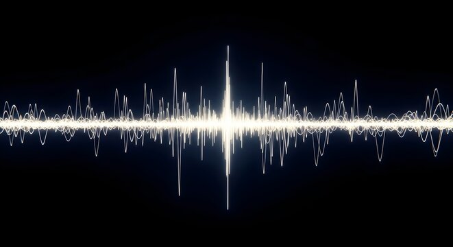 Abstract glowing white soundwave frequency on a black background showing audio signal modulation