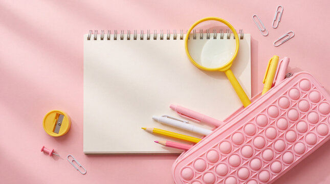 Flat lay composition of pastel stationery, empty open sketchbook, yellow magnifying glass, pens, and pop-it pencil pouch on pink background with soft shadows. Perfect for back to school concepts.