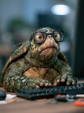 Focused turtle in glasses working on a computer keyboard