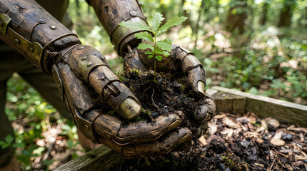 Obraz premium Wooden robotic hands gently holding a small green sapling in forest soil