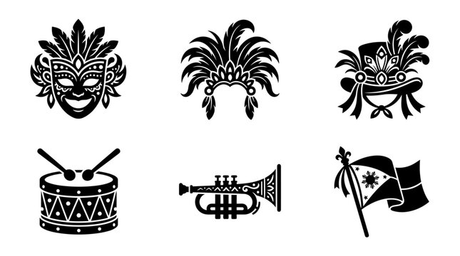 MassKara Festival silhouette symbols, smiling festival mask, feather headdress, carnival hat, drum, trumpet, parade flag, exactly six symbols only