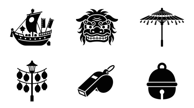 Nagasaki Kunchi celebration silhouette symbols, ship float, lion dance mask, ceremonial umbrella, lantern pole, festival whistle, shrine bell, exactly six symbols only