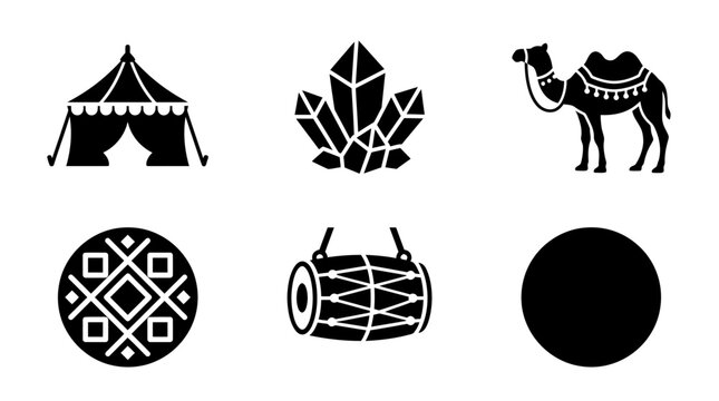 Rann Utsav silhouette symbols, desert tent, white salt crystal, camel, traditional embroidery pattern, folk drum, full moon, exactly six symbols only