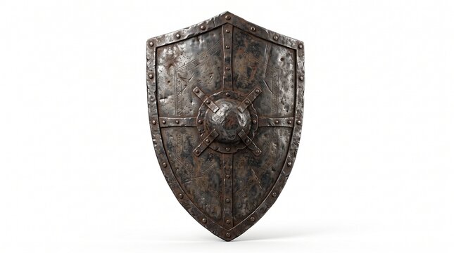 Ancient worn metal knight shield with battle scars and heavy iron rivets isolated on plain background
