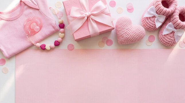 Adorable flat lay composition with pink baby girl clothes, knitted booties, a gift box, heart, and pacifier on a light background with copy space.