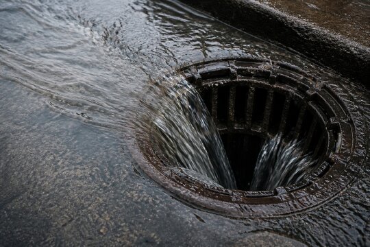 Storm drain funneling runoff water on wet street during rainstorm