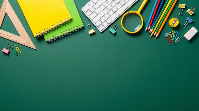 Top view of colorful school and office supplies, notebooks, keyboard, and magnifying glass framed on a green chalkboard background with copy space.