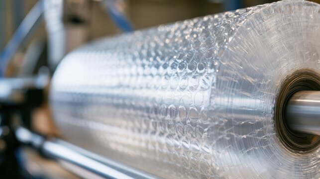 Close-up view of transparent plastic bubble wrap roll on industrial machine for protective packaging material production