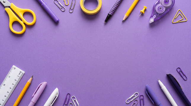 Top view flat lay of yellow and purple stationery supplies framing a purple background with central copy space for back to school or office design.
