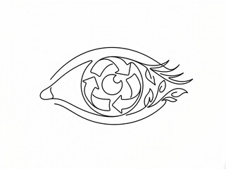 Fototapeta premium Abstract single line drawing of an eye with a recycling symbol and leaves inside, symbolizing eco-consciousness and sustainability in a minimalist white background.