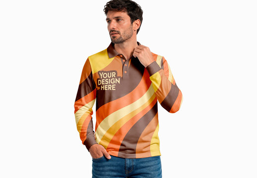 Mens Long Sleeve Polo Collar Mockup