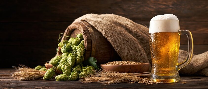 Golden Craft Beer Mug with Fresh Hops, Barley Grains and Wooden Barrel in Rustic Brewery Still Life Scene