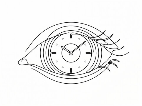 A minimalist black and white continuous line art illustration abstractly portrays time perception, featuring a clock face as the iris of an eye, isolated on a clean white background.