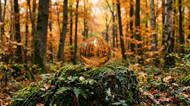 A crystal glass ball reflecting a beautiful autumn forest with golden sunlight filtering through the vibrant orange and yellow fall trees