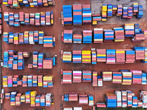 Aerial view of Anchorage Container Depot Limited featuring rows of colorful shipping containers stacked in a large industrial yard in Chittagong, Chittagong Division, Bangladesh.