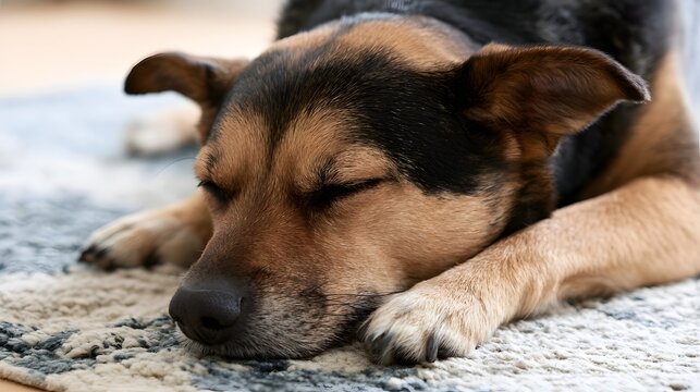A relaxed dog with brown and black fur sleeps peacefully on a textured rug indoors  paws tucked close to its face