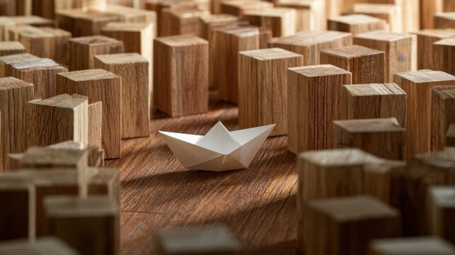 Origami paper boat navigating through a sea of wooden block pillars on a wooden surface representing concept of challenge opportunity uniqueness and journey