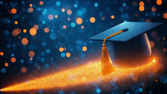 Graduation cap with a flowing golden path, surrounded by bokeh lights on a dark blue background