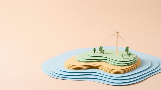 Eco-Friendly Island Landscape with Wind Turbine Made from Paper Cutouts and Natural Elements