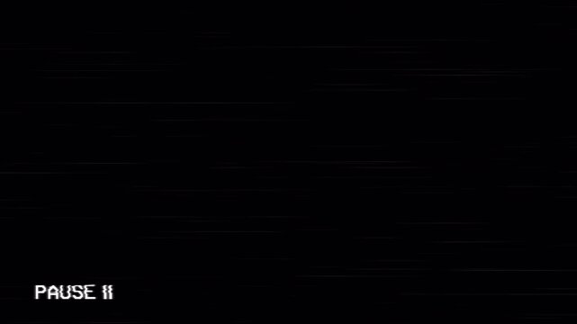 Pause screen vhs glitch lines with minimal white symbol on black background. Suitable for video transitions or retrothemed projects.