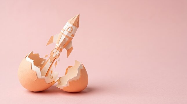 Creative paper rocket launching from cracked egg shell on pastel background