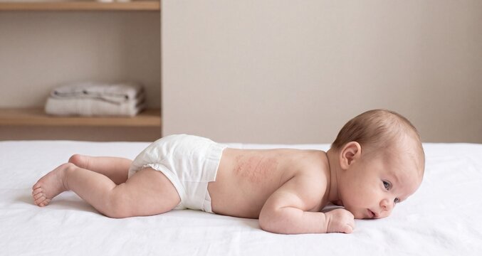 Baby lying on stomach with rash on back in neutral room setting