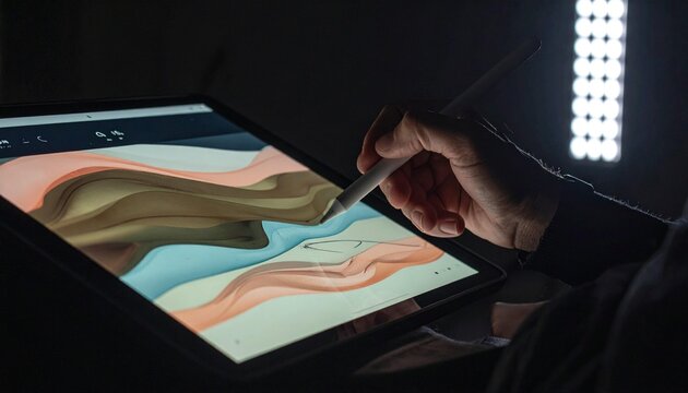 Artist drawing on a digital tablet with stylus in low light