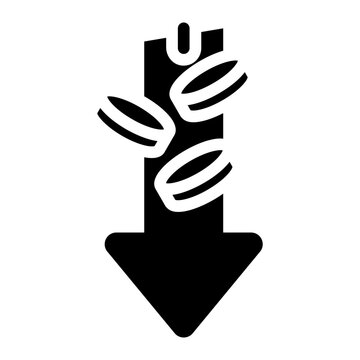 Down arrow with falling currency icon flat black style