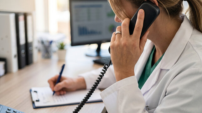 Healthcare professional making phone call in clinic, representing telemedicine, medical support, and patient care.