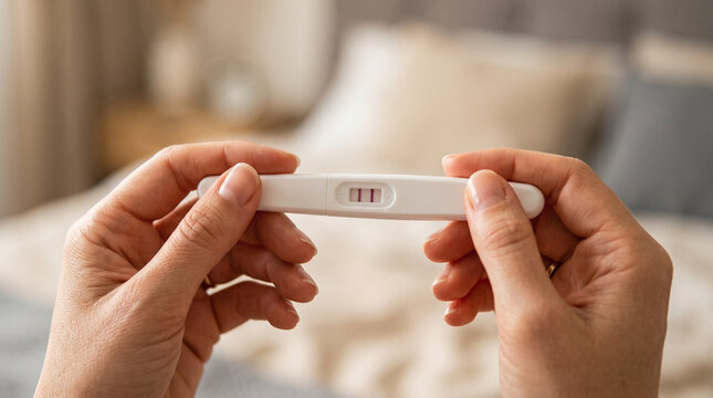 Pregnancy test device held by woman, illustrating fertility testing, reproductive care, and early motherhood experience.