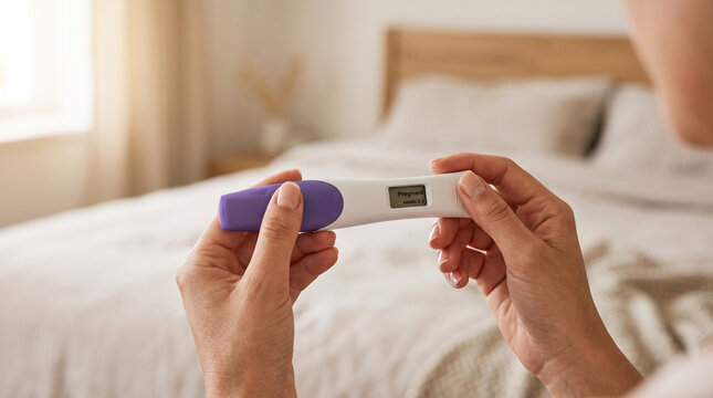 Woman using pregnancy test at home, representing early pregnancy detection, motherhood, and reproductive health awareness.