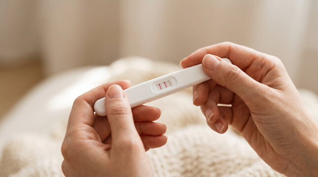 Female hands checking pregnancy test result at home, representing hope, pregnancy, and personal health decisions.