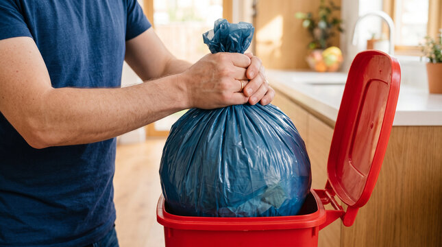 Home waste management scene showing trash disposal, representing environmental awareness and responsible consumption.