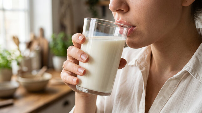 Woman consuming dairy milk drink, showing nutrition, wellness routine, and healthy living habits.