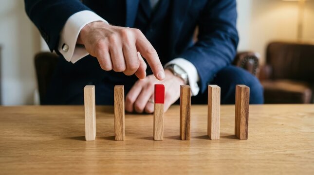 Hand pointing at red wooden block on table