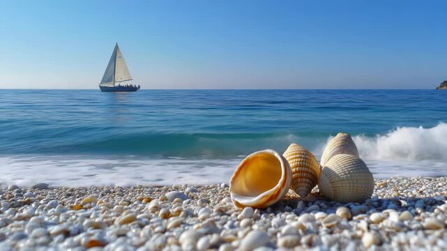 A calm coastal scene depicts a sailboat on azure sea, three seashells on a pebble beach, & clear sky
