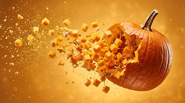 Explosion of fresh pumpkin pieces and seeds against golden yellow background showing internal structure of fruit in dynamic shattering motion.