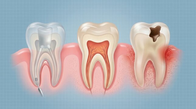 Dental anatomy showing root canal and tooth decay stages