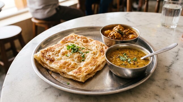 Crispy Layered Roti Paratha Flatbread with Dhal Curry
