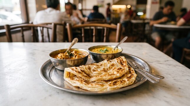 Malaysian Flaky Roti Canai Flatbread with Curry Dip

