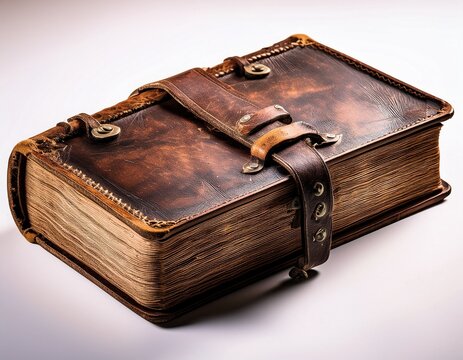 aged thick book bound in worn leather with a strap and buckle closure