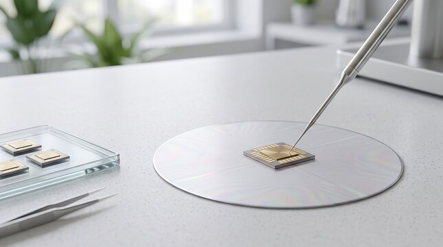 Precision semiconductor microchip testing on silicon wafer with fine metal probe tool with microchip resting circular surface clean laboratory