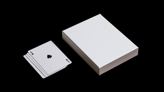 White playing card with ace of spade and four other cards near a blank white box on black background isolated for design and game concept in clean minimal style