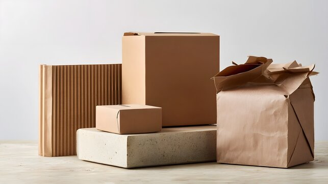 Various sizes of brown paper packaging boxes and wrapped parcels arranged on a wooden surface against a plain background