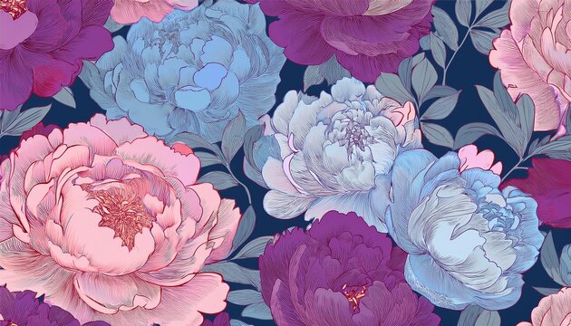 floral pattern of peonies in various shades of purple blue and pink