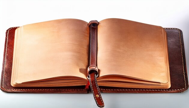 open leather bound journal with blank pages and a strap