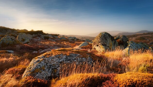 sun drenched rocky terrain with dry grasses and lichen covered boulders